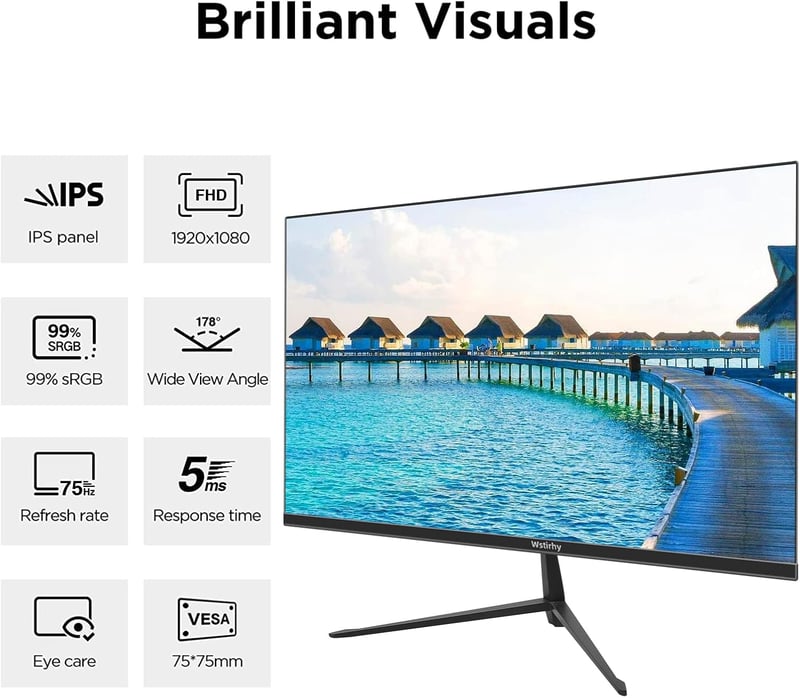 Wstirhy 24" Full HD IPS Monitor - 75Hz, 5ms, HDMI/VGA Csatlakozás, Vékony Keret, Falra Szerelhető, Otthoni és Irodai Használatra, Fekete