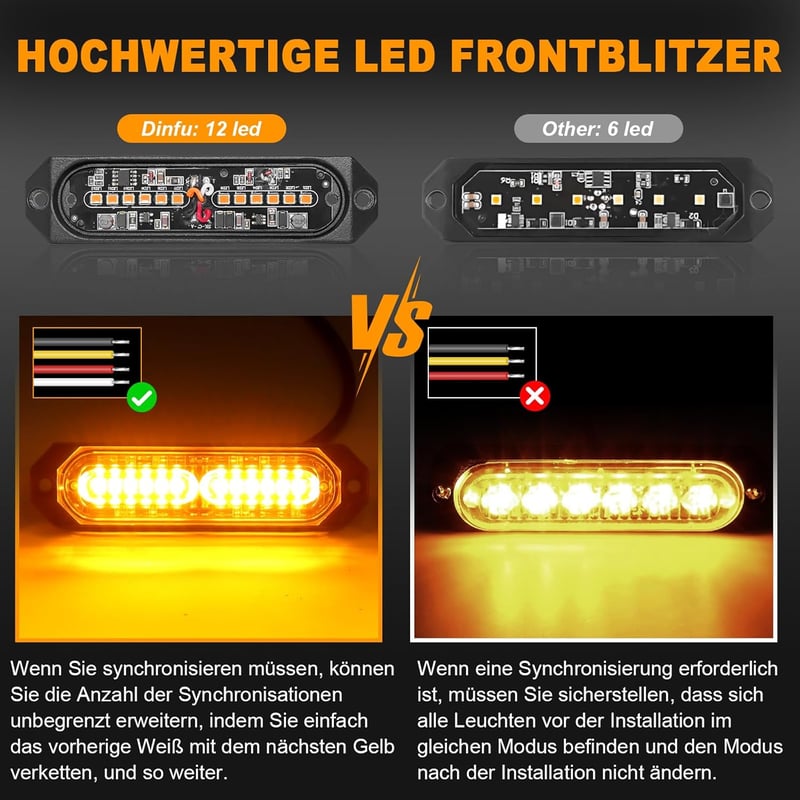Dinfu 4x12 LED Figyelmeztető Villogó Lámpa - 12V/24V, 48W, Narancssárga, 21 Villogási Móddal, IP67 Vízálló, Autó, Teherautó, Traktor Kompati