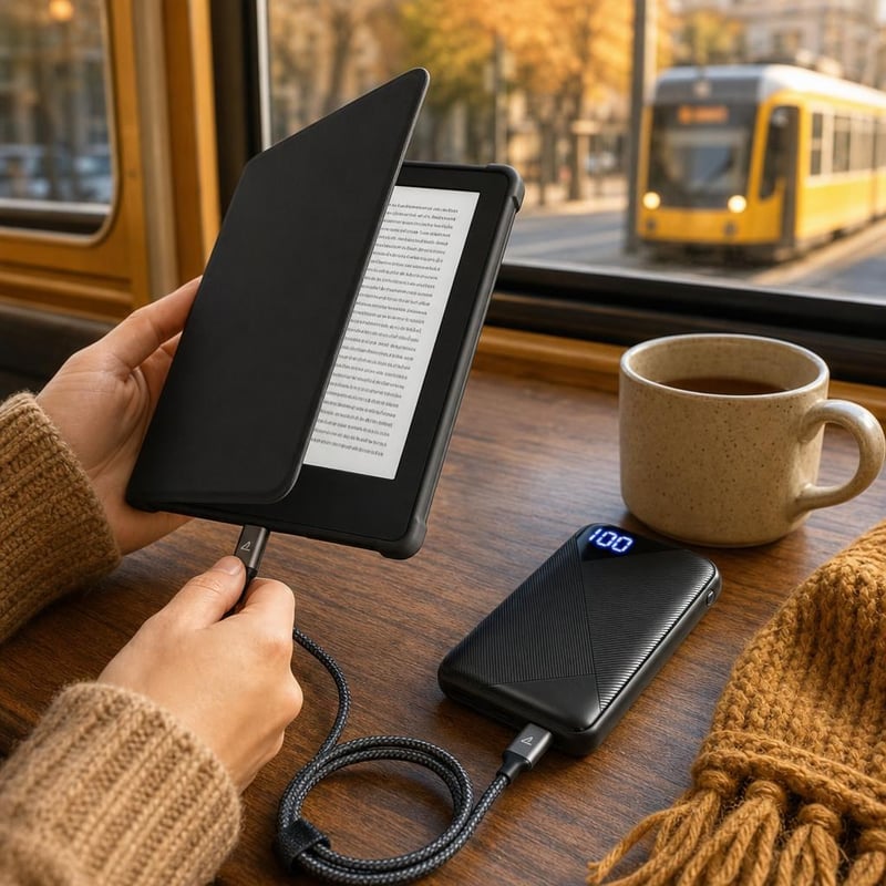 Cestovný balíček pre čítačky: Obal na Kindle + 10000 mAh powerbanka + 1 m USB-C kábel