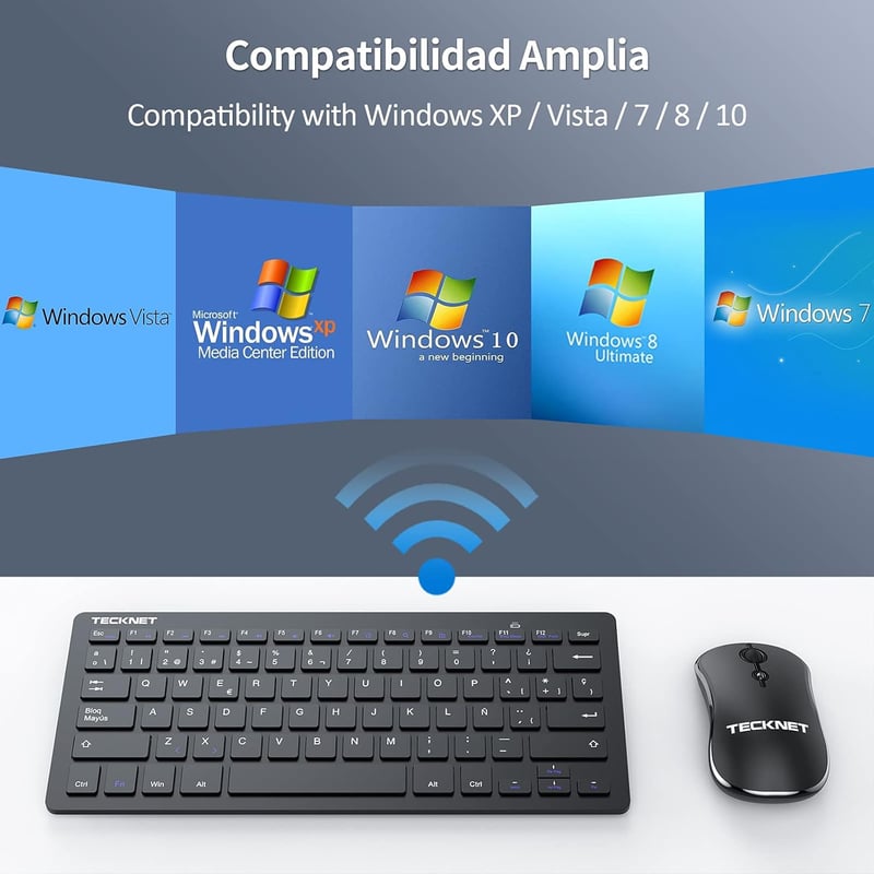 TECKNET Vezeték Nélküli Csendes Billentyűzet és Egér Szett -Spanyol- Ultravékony Mini Billentyűzet, 15m Hatótáv, 2.4G, PC/Smart TV Kompatibilis, 