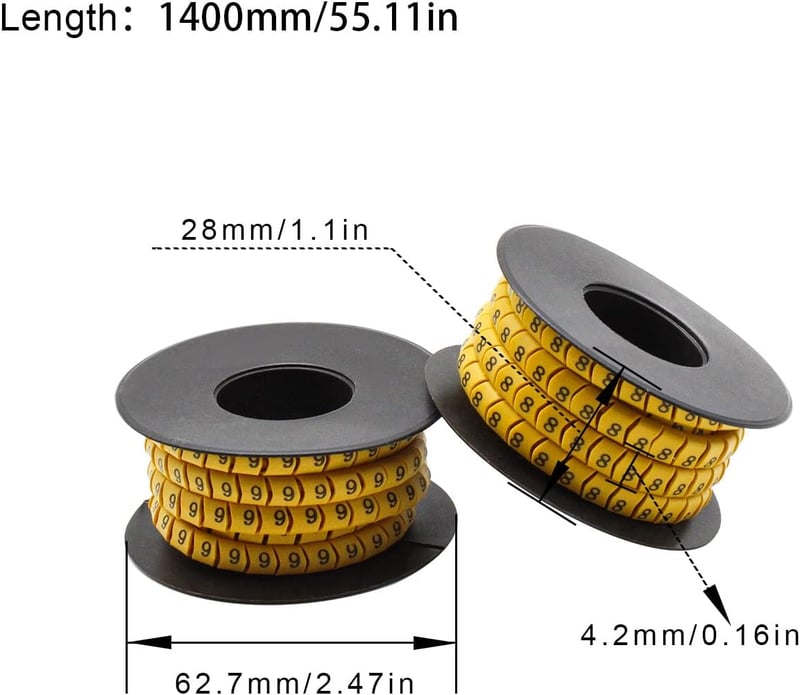SRJQXH Kábel Jelölő Készlet - 10 Tekercs 0-9 Számozással, 2700 Kapszula, 2,5mm² Méretben, 4,2mm Átmérőig, PVC Anyagból, Sárga-Fekete