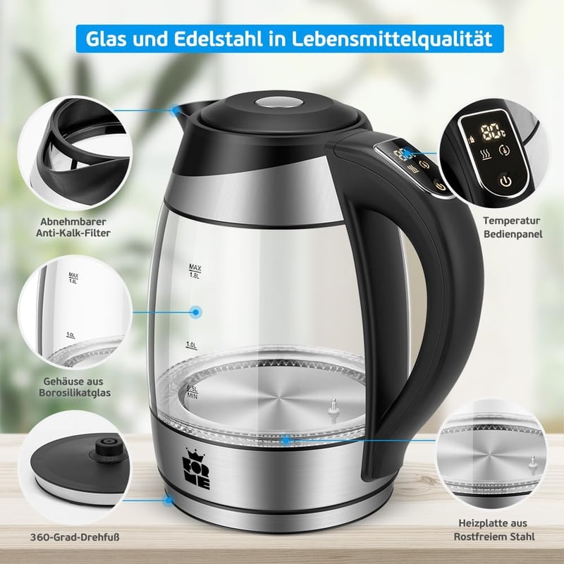 FOR ME 1,8L Üveg Elektromos Vízforraló Hőmérséklet Szabályozással 40-100°C, 7 Színű LED Világítással, Melegen Tartó Funkcióval, BPA-mentes