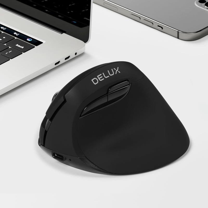 DeLUX M618MINI Ergonomikus Vezeték Nélküli Egér - Újratölthető Vertikális Egér Kis Kezekhez, 6 Gomb, 4000 DPI, Bluetooth 5.2/2.4G Kettős Mód