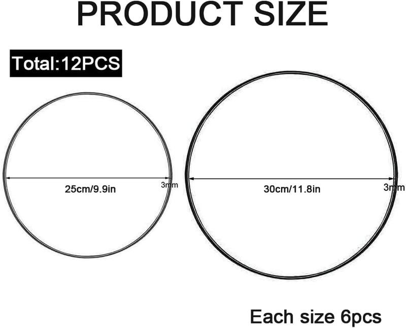Fém karika szett - 12 db, 25-30 cm, fekete, dekorációhoz, esküvői koszorúhoz, álomfogóhoz