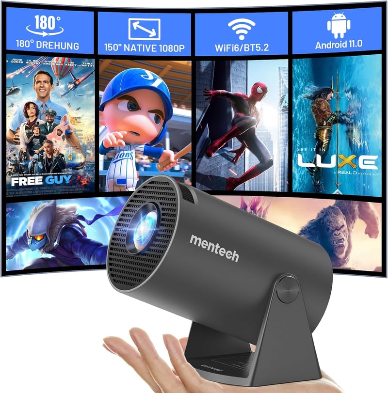 Mentech Mini Projektor 180° Forgatható, Android TV 11.0, 1080P Támogatás, WiFi 6, Bluetooth, 150 Colos Vetítés, Automatikus Korrekció