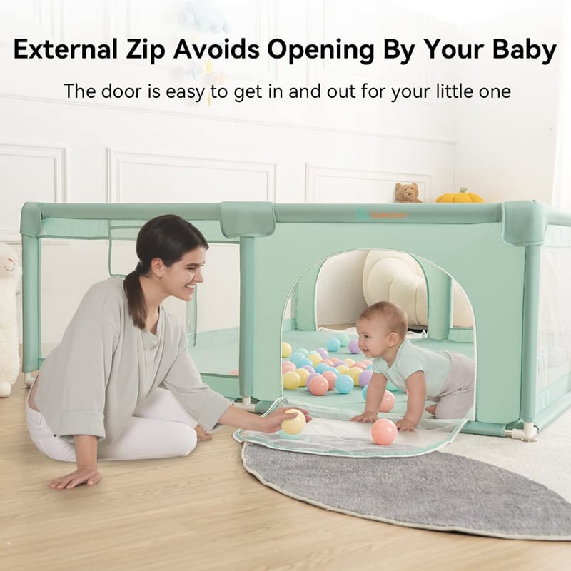 COMOMY XXL Bébi Járóka 180x200x66 cm - Gyerekeknek Puha Hálóval, Csúszásgátló Oxford Aljjal, Labdákkal, Mini Kosárral és 4 Húzógyűrűvel, Söt - 180x200x66cm, dark green