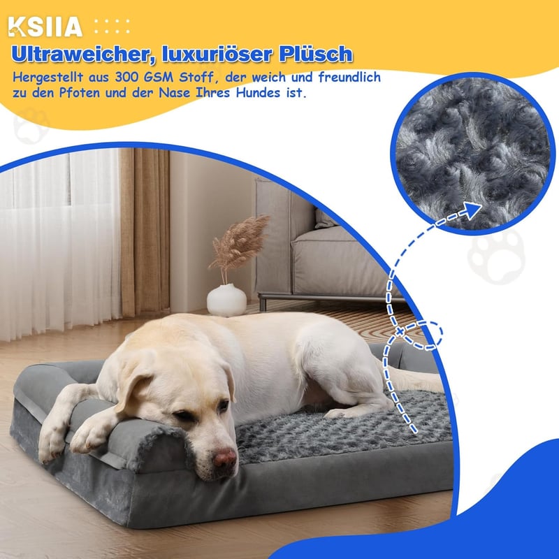 KSIIA Ortopédiai Kutyaágy Közepes Kutyáknak 91x68x16 cm - Mosható Huzatú Kutyakanapé Három Megemelt Széllel, Csúszásgátló Aljjal, Szürke