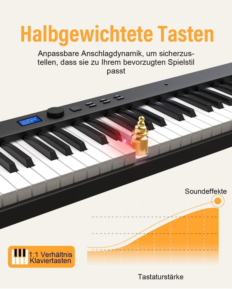OYAYO 88 Billentyűs Összecsukható Digitális Zongora - Félsúlyozott Billentyűk, Bluetooth, MIDI, 128 Ritmus és Hangszín, Kezdőknek