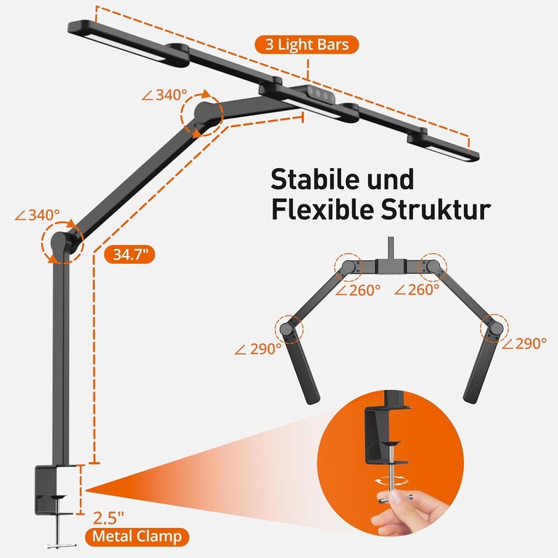 LED Íróasztali Lámpa 24W 105cm Csíptethető 5 Színhőmérséklet 5 Fényerő Érintésvezérléssel Memória Funkcióval Állítható Kar Többszög