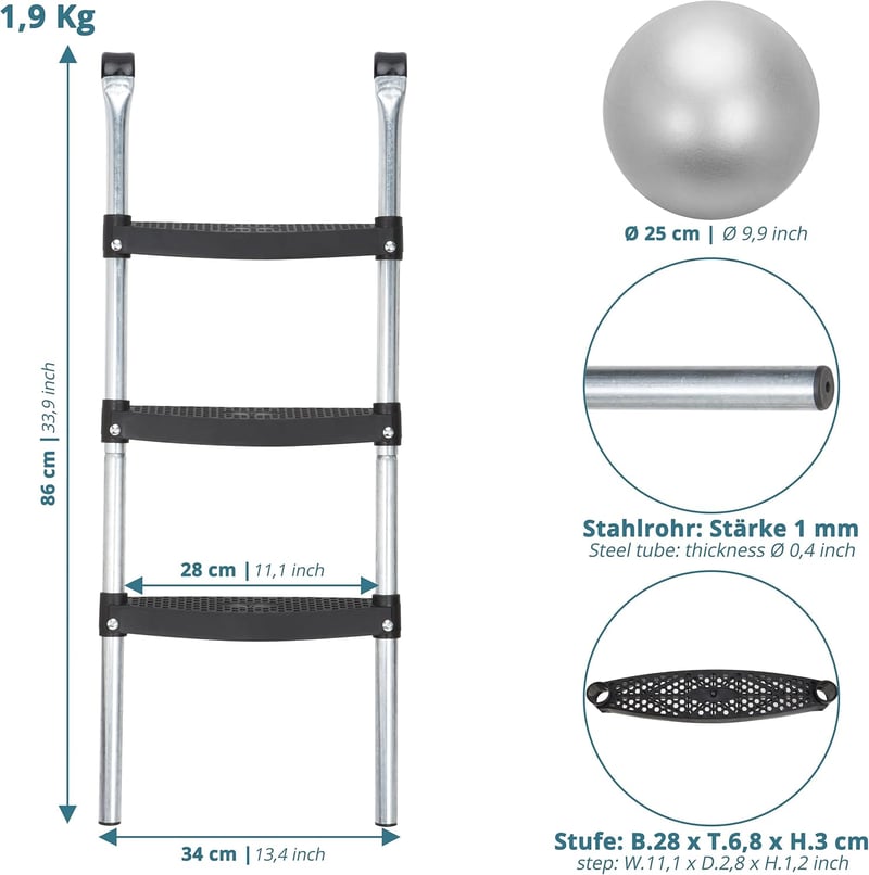 Valuents Ezüst Trambulin Létra - 86 cm, 3 Széles Fokkal + Ajándék Pilates Labda