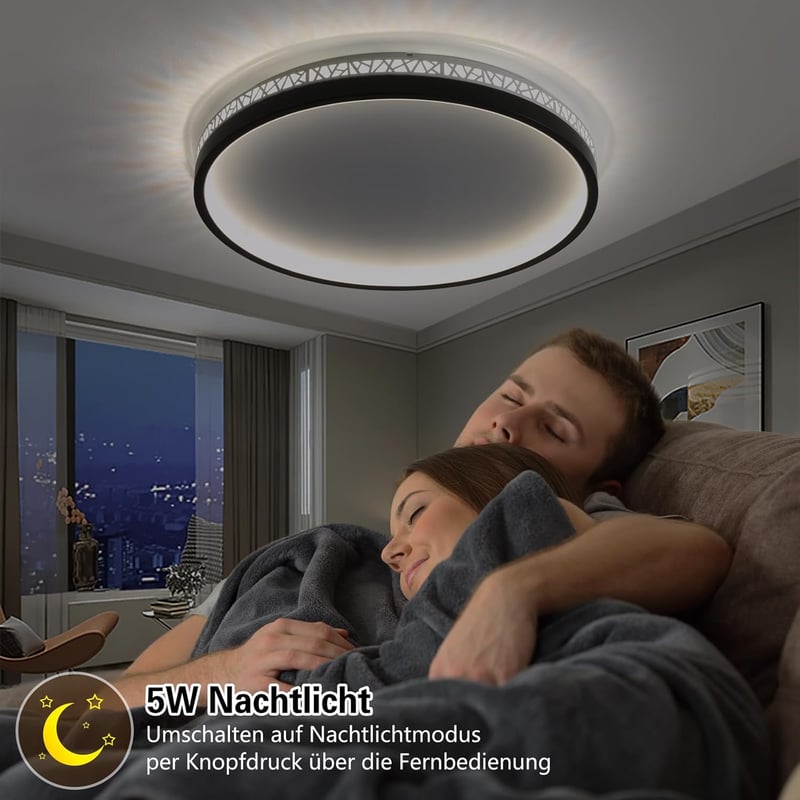 SEATAIN LED Mennyezeti Lámpa 50W - Fekete, Kerek, 50cm, Távirányítós, Fényerőszabályozható, 3000K-6000K, 5000lm, Memória Funkcióval, Éjszaka