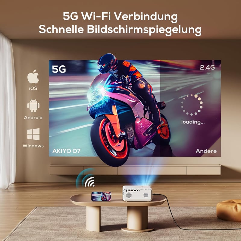 AKIYO Full HD 1080P WiFi Projektor 10000 Lumen, Állvánnyal, 4K Támogatással
