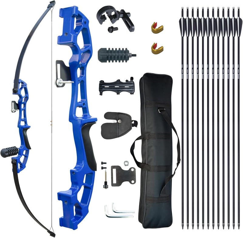 DD&Qarchery Visszahajló Íj Szett Kezdőknek és Felnőtteknek 30-40lb Jobbkezes Vadászíj Alumínium Markolattal és 12db Nyílvesszővel Kék
