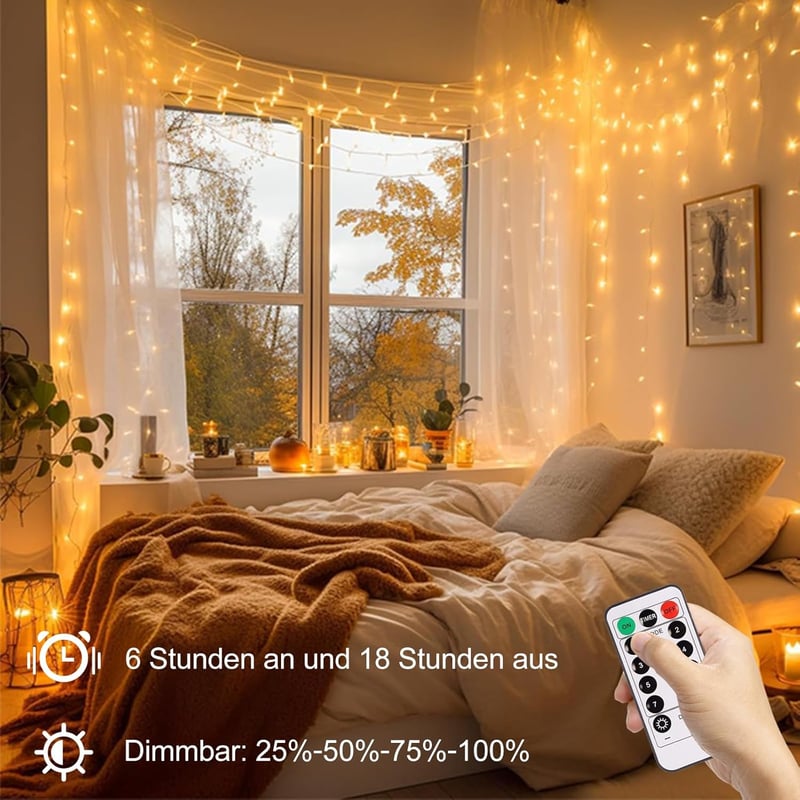 CCILAND 300 LED-es Fényfüggöny 3x3m - Elemes, Meleg Fehér Tündérfény 8 Programmal, Távirányítóval, Időzítővel - Vízálló Beltéri és Kültéri D