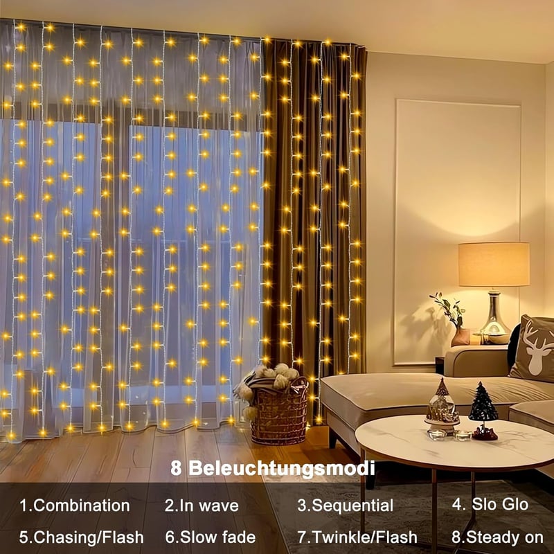 CCILAND 300 LED-es Fényfüggöny 3x3m - Elemes, Meleg Fehér Tündérfény 8 Programmal, Távirányítóval, Időzítővel - Vízálló Beltéri és Kültéri D