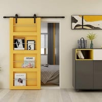 CCJH Tolóajtó Sín Szett 228 cm Fekete Acél Padlóvezetővel, Modern Fa Tolóajtó Vasalat Utólagos Szereléshez 1