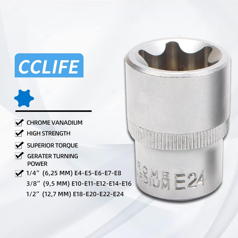 CCLIFE 14 Részes Torx Dugókulcs Készlet E Profil Külső Torx E4-E24 1/4 3/8 1/2 Hüvelyes Szerszám Krómozott