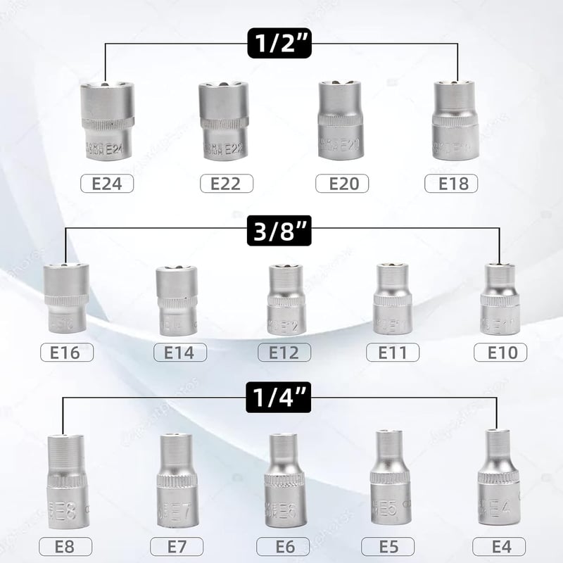CCLIFE 14 Részes Torx Dugókulcs Készlet E Profil Külső Torx E4-E24 1/4 3/8 1/2 Hüvelyes Szerszám Krómozott