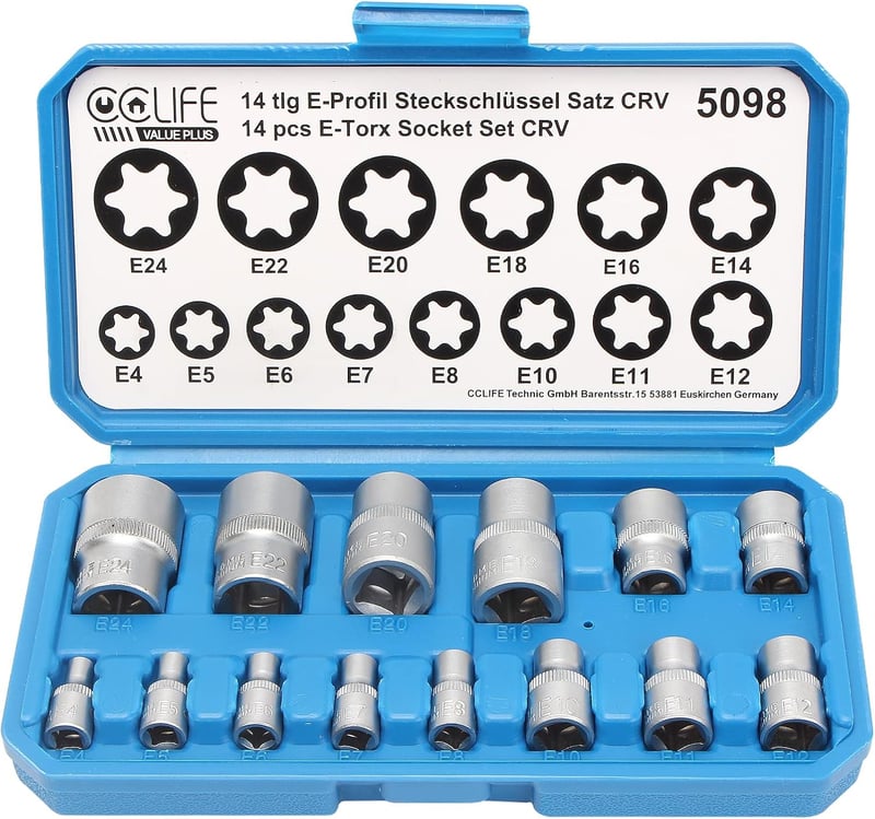 CCLIFE 14 Részes Torx Dugókulcs Készlet E Profil Külső Torx E4-E24 1/4 3/8 1/2 Hüvelyes Szerszám Krómozott