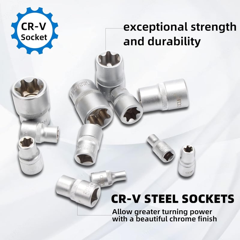 CCLIFE 14 Részes Torx Dugókulcs Készlet E Profil Külső Torx E4-E24 1/4 3/8 1/2 Hüvelyes Szerszám Krómozott