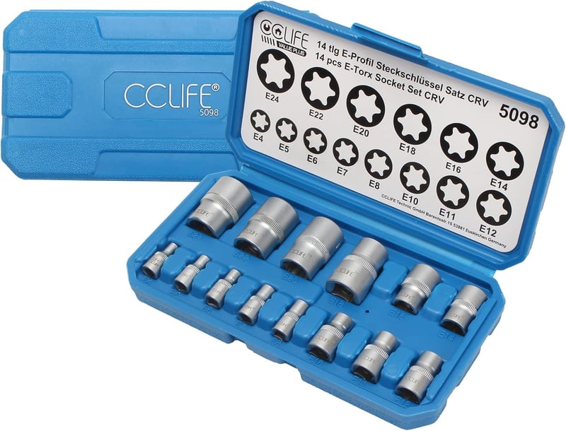 CCLIFE 14 Részes Torx Dugókulcs Készlet E Profil Külső Torx E4-E24 1/4 3/8 1/2 Hüvelyes Szerszám Krómozott