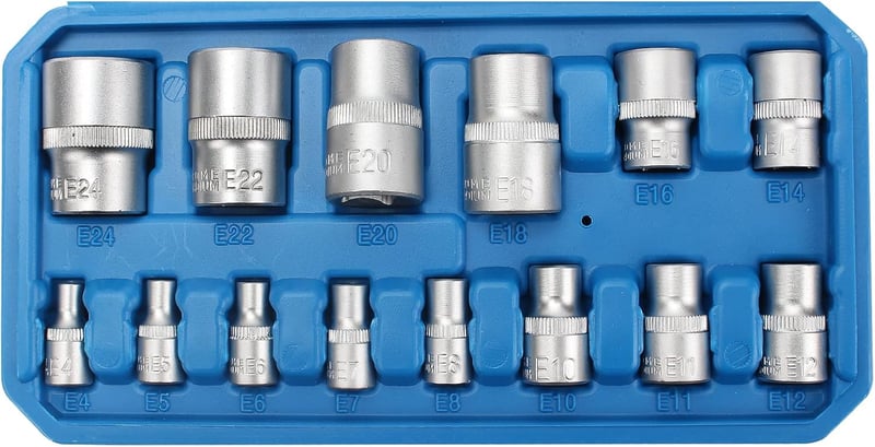 CCLIFE 14 Részes Torx Dugókulcs Készlet E Profil Külső Torx E4-E24 1/4 3/8 1/2 Hüvelyes Szerszám Krómozott