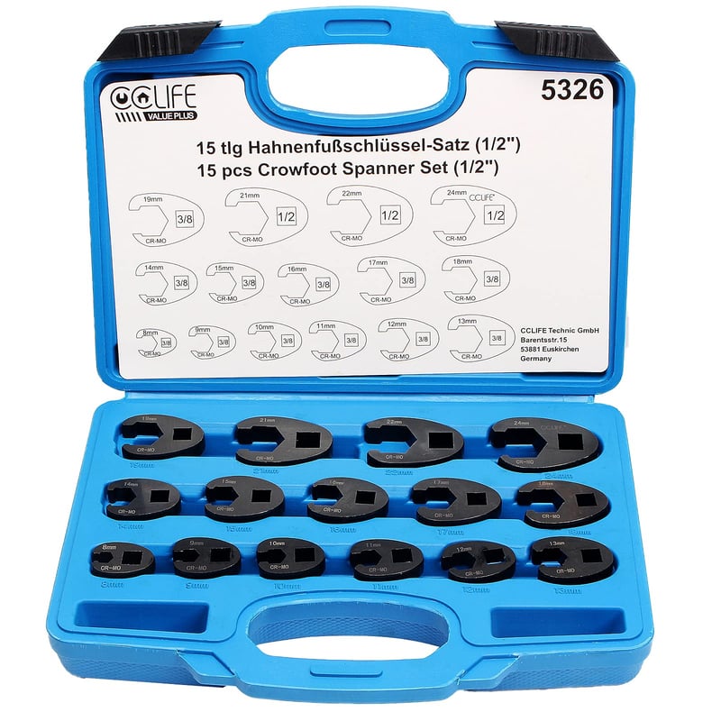 Set de chei tip labă de gâscă CCLIFE, 15 piese, cu antrenare de 3/8" și 1/2", 8-24 mm, set chei inelare pentru chei dinamometrice