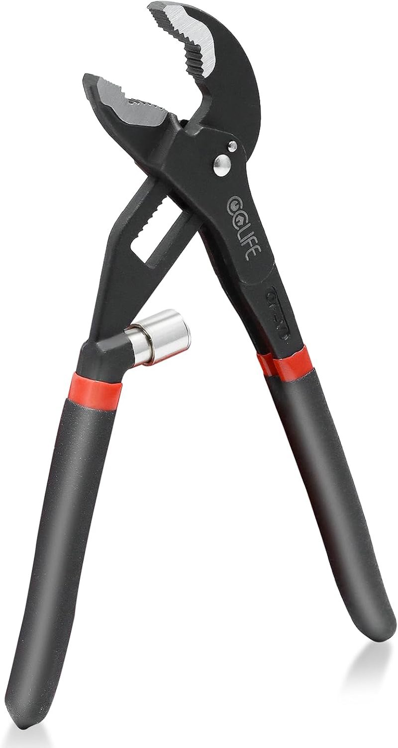 CCLIFE 175 mm vízpumpa fogó racsnis állítással, Cr-V acél csőkulcs vízszereléshez, fekete piros markolattal