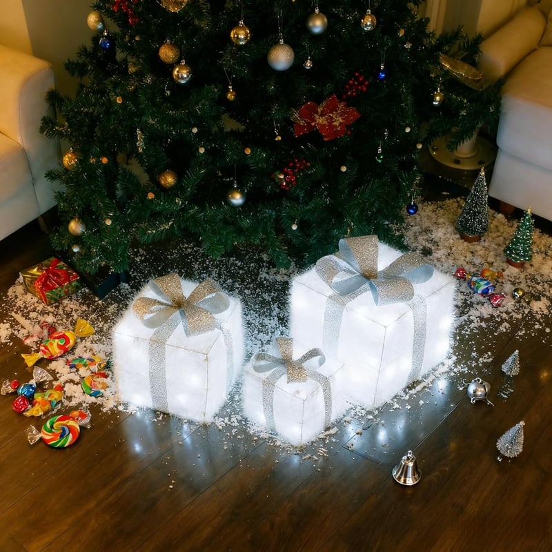 CCLIFE LED Ajándékdoboz Szett 3db Hálózati Karácsony Dekoráció Hideg Fehér