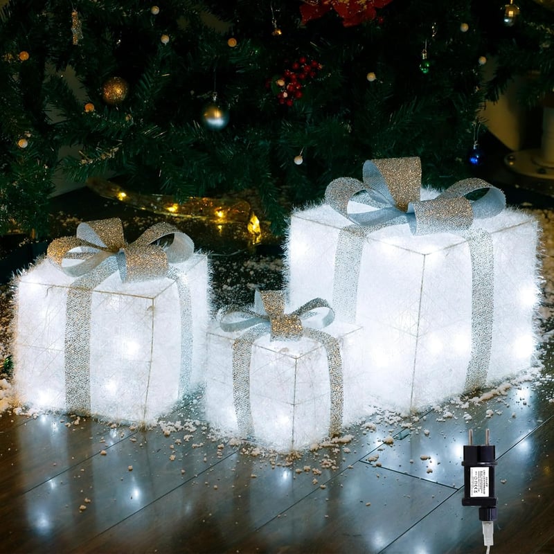 CCLIFE LED Ajándékdoboz Szett 3db Hálózati Karácsony Dekoráció Hideg Fehér