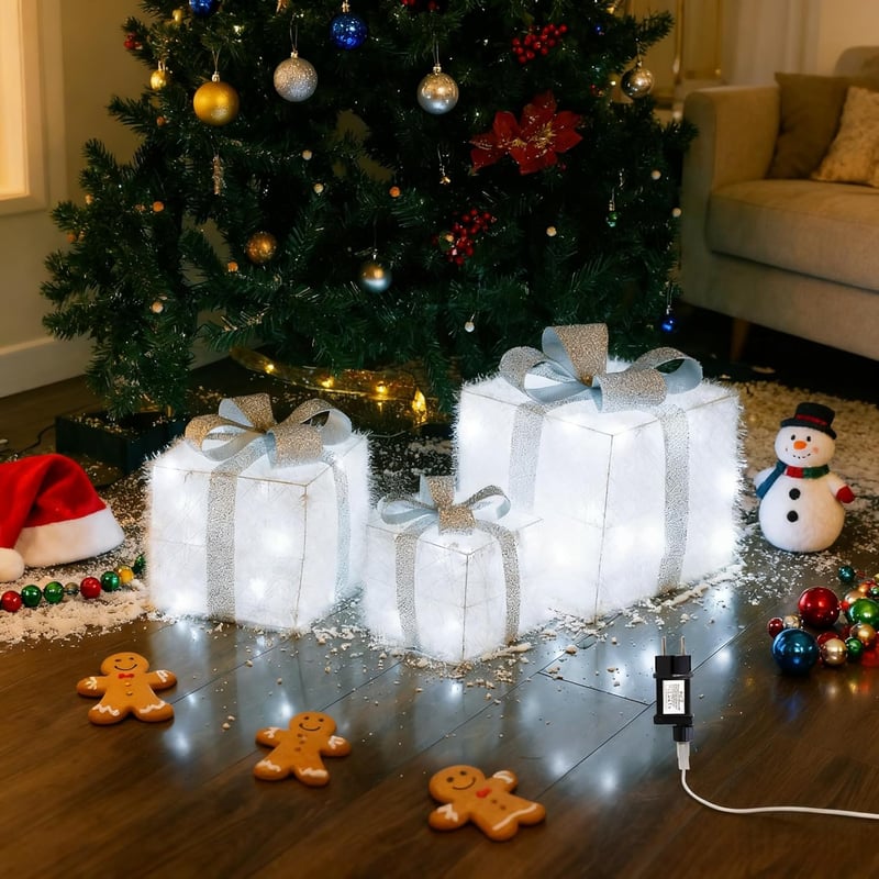 CCLIFE LED Ajándékdoboz Szett 3db Hálózati Karácsony Dekoráció Hideg Fehér
