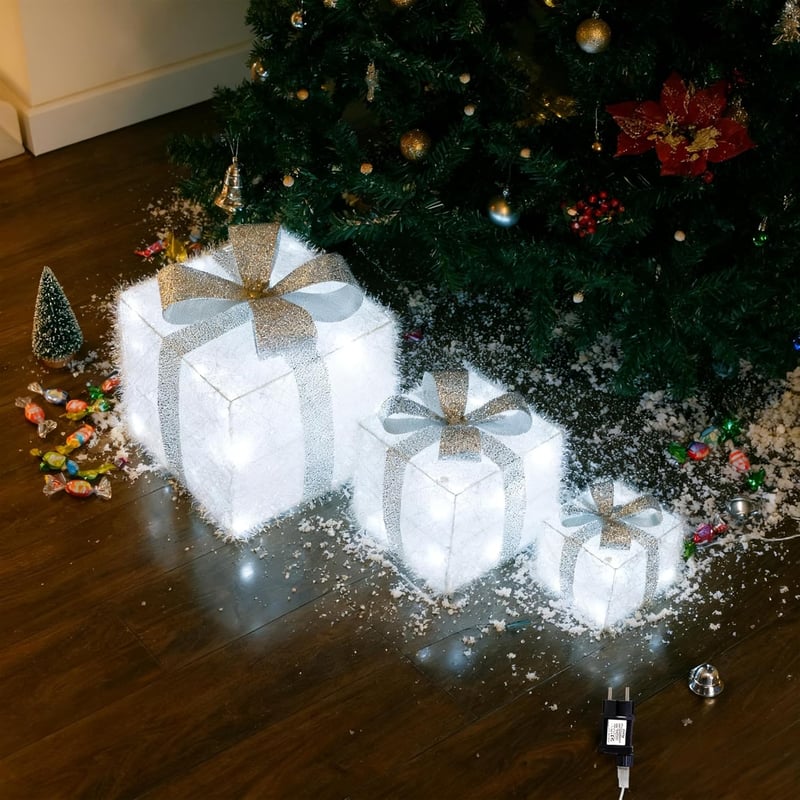 CCLIFE LED Ajándékdoboz Szett 3db Hálózati Karácsony Dekoráció Hideg Fehér
