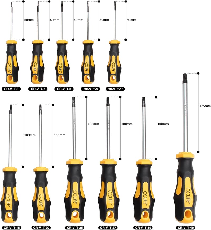 CCLIFE Mágneses Torx Csavarhúzó Készlet T6-T40 - 11 Részes Fémkészlet Csillaglyukkal, Hosszú Szárú Precíziós Szerszámok