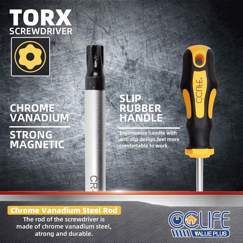 CCLIFE Mágneses Torx Csavarhúzó Készlet T6-T40 - 11 Részes Fémkészlet Csillaglyukkal, Hosszú Szárú Precíziós Szerszámok