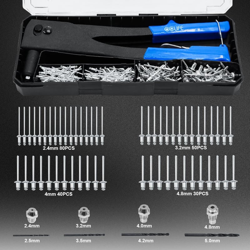 CCLIFE Sleprivet Szerszám Készlet Pneumatikus Popszegecs Pisztoly 200 db Sleprivet 2.4-4.8mm