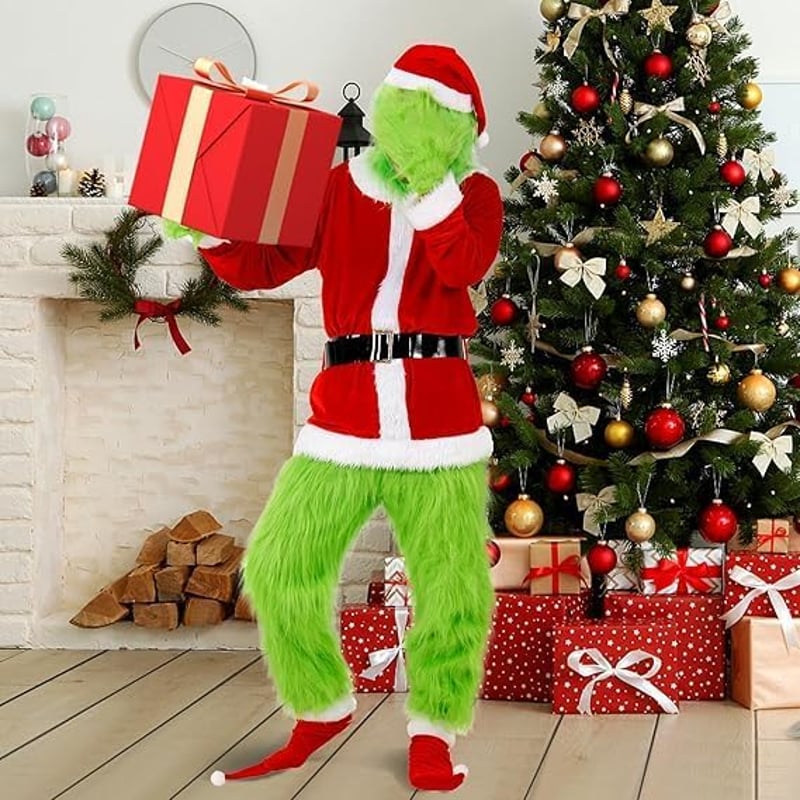CCXBDY Zöld Karácsonyi Jelmez Felnőtteknek - 7 Részes Mikulás Szett, Zöld Szörny Halloween Farsangi Cosplay Kellékek Férfiaknak és Nőknek