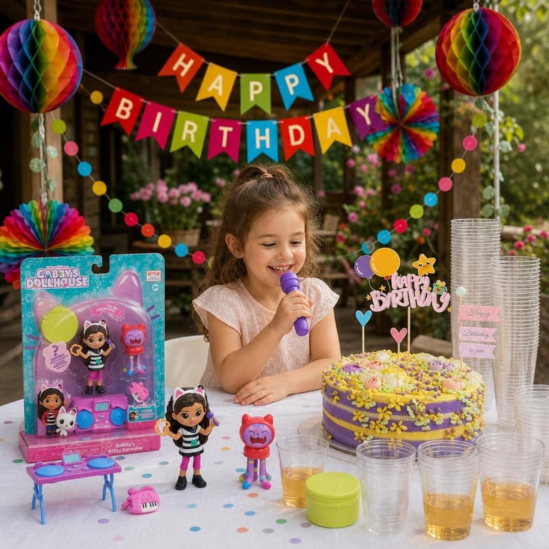 Narodeninová párty Gabby's Dollhouse: 1x set + 18x dekorácia + 40x pohár + tortová dekorácia