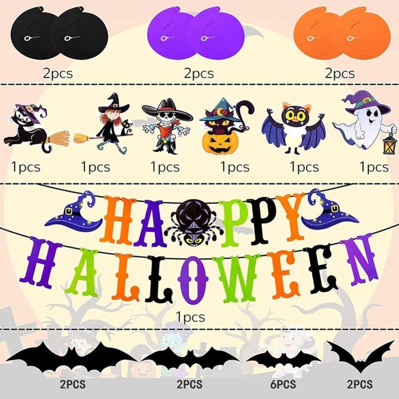 Halloween Dekor Szett: Szellemek, Denevérek, Töklámpás Zászlóval