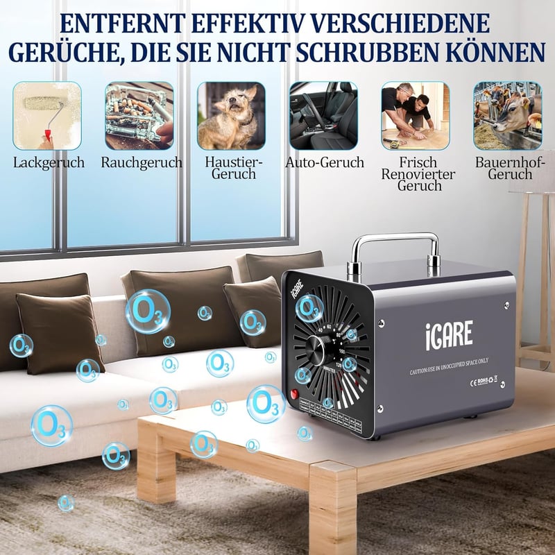 ICARE 30.000 mg/h Ózongenerátor 300 m² területre, 120 perces időzítővel - Szagtalanító készülék autóhoz, dohányfüsthöz, háziállat és konyhai