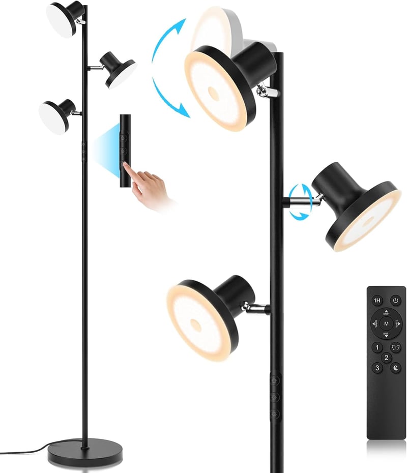 SIBRILLE Állólámpa 36W 2500LM - Távirányítós LED Dimmelhető 3 Fényforrással, 2700K-6500K Színhőmérséklet, Érintésvezérelt Modern Fekete Lámp