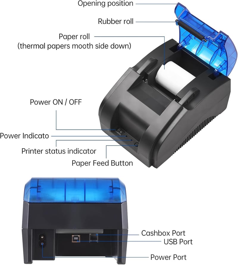 Bisofice 58 mm-es Hőpapíros Nyugtanyomtató USB/Bluetooth Csatlakozással, Windows/Linux/Android/iOS Kompatibilitás, ESC/POS Támogatás