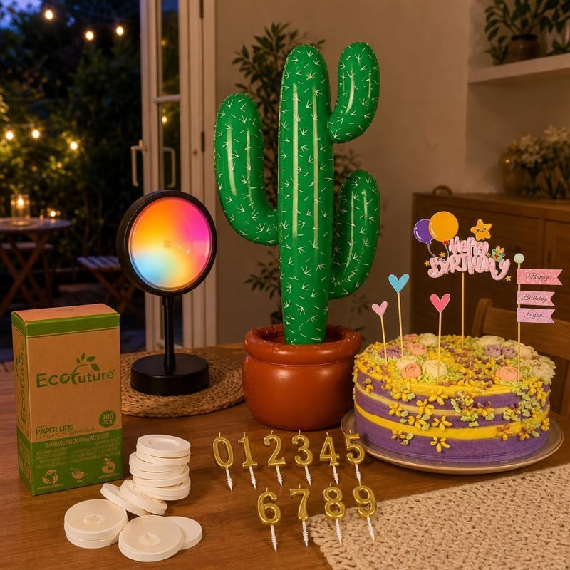 Szülinapi bulifény: felfújható kaktusz + Happy Birthday dísz + 100 db pohártető + 10 db gyertya + RGB lámpa