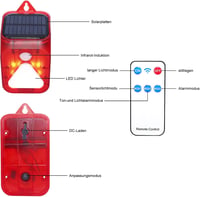 DAYTEE Napelemes Mozgásérzékelős Riasztó Stroboszkóp Fénnyel és Távirányítóval, 100dB, IP55 Vízálló 8
