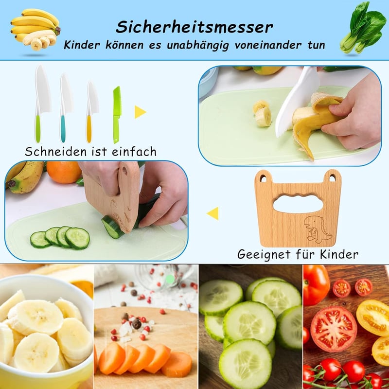 Goodchef 5 részes gyerekeknek való konyhai késkészlet - Dinoszáuros mintájú, biztonságos, fogazott élű műanyag és fa kések 2 éves kortól, zö