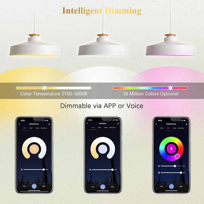 DiCUNO B22 Okos LED Izzó 9W - WiFi Vezérelhető, Melegfehér-Hidegfehér, RGBCW Színváltós, Alexa/Google Kompatibilis, Hub Nélküli, 2 db Csomag