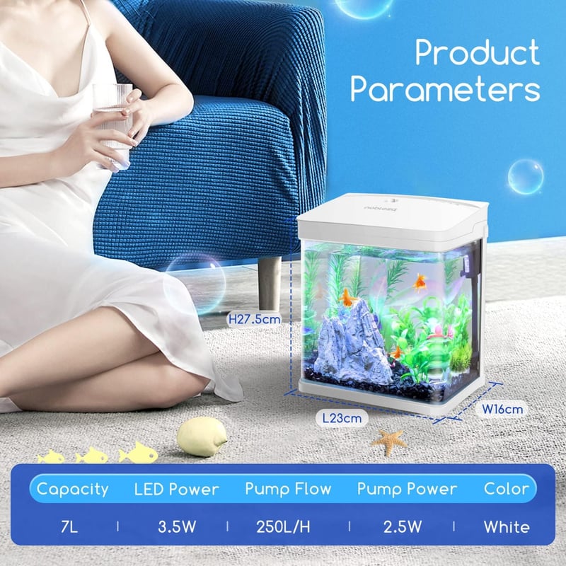 Nobleza 7 literes nano akvárium LED világítással és szűrővel, fehér