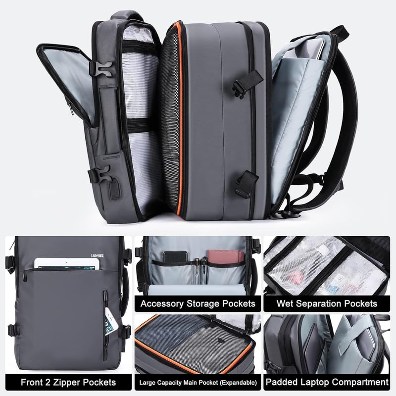 HOMIEE 40L Lopásbiztos Vízálló Üzleti Laptop Hátizsák, Bővíthető Kézipoggyász