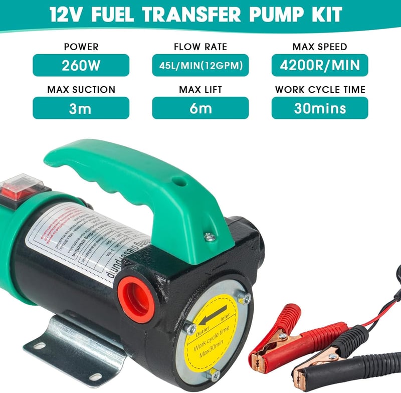 OULUTO 12V 260W Dízel Szivattyú Automata Leállítással - Öntöltő Üzemanyag Átszivattyúzó Réz Motorral, Tömlőkkel és Fúvókákkal - OLT260 Model