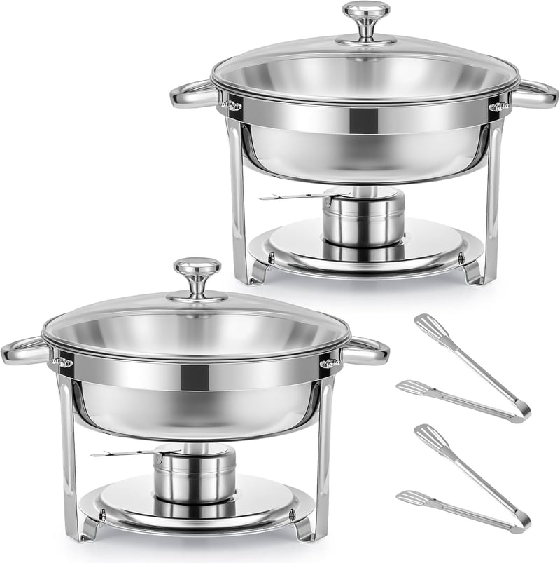 Wilprep 5,5 L Rozsdamentes Acél Ételmelegítő Szett 2 db - Kerek Chafing Dish Üvegfedővel, Ételtároló Edény Éttermeknek, Büféknek, Rendezvény
