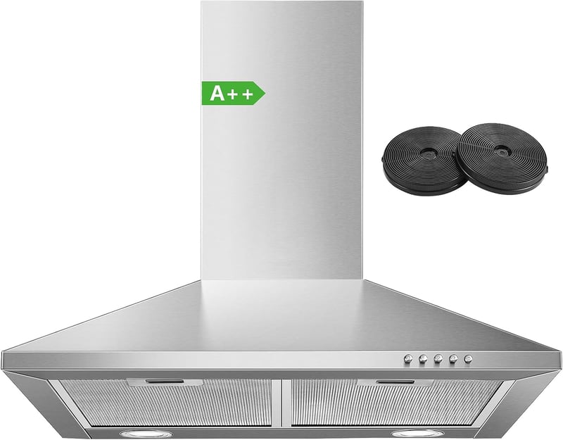 SNDOAS 60 cm Rozsdamentes Acél Fali Páraelszívó A++ Energiaosztály, 350 m³/h Szívóerő, 3 Fokozat, LED Világítás, Aktívszén Szűrővel